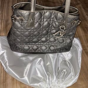 Dior Panarea Cannage Quilted Tote Bag Metallic Grey Silver Charm Studs